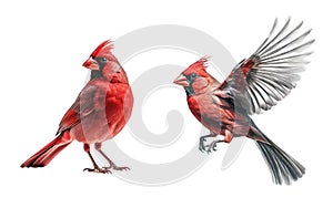 flying and standing cardinal Bird isolated on white background