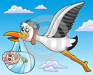 Flying stork with baby