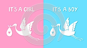 Flying stork with baby. It`s a boy and girl. Vector illustration