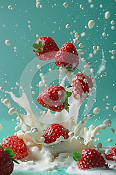 flying strawberries with milk or yogurt splash