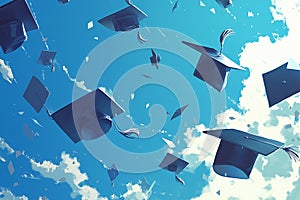 Flying students graduation hats in the blue sky.