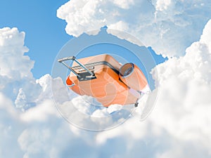 Flying Suitcase with Jet Engine Amongst Clouds