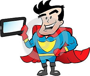 Flying Super Hero holding a tablet