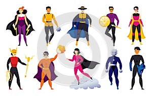 Flying super hero. Woman and man in comic superhero costumes with capes and masks. Superwoman characters. Strong