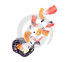 Flying sushi on a white background