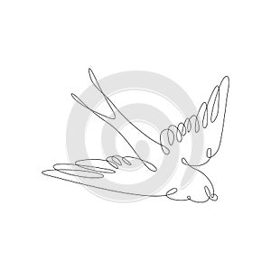 A flying swallow drawn with one continuous line. The design is suitable for decor, postcards, tattoo, peace bird symbol