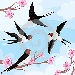 Flying swallows delivering heart with love. Two bird in flight isolated on a white background.