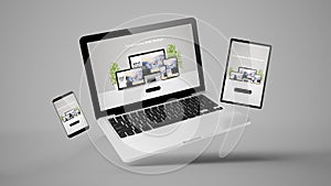 flying tablet, laptop and mobile phone showing responsive devices website