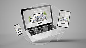 flying tablet, laptop and mobile phone showing responsive devices website photo