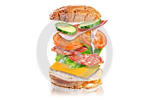 Flying tasty sandwich. Sandwich with flying ingredients.