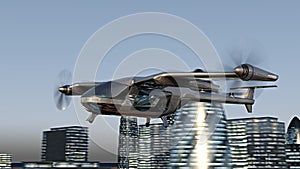 Flying Taxy Drone Going Through the City. 4k 3d animation