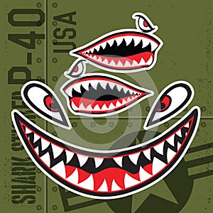 Flying Tiger  Shark Mouth Sticker Vinyl on green  background Vector Set