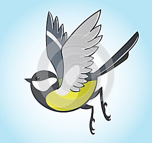Flying titmouse, cartoon vector illustration