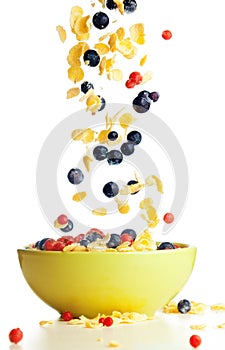 Flying to the bowl corn flakes with berries