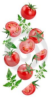 Flying tomato isolated on white background