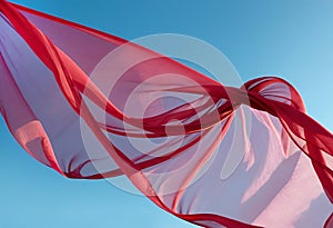 Flying transparent red fabric wave on blue background and illuminated by light