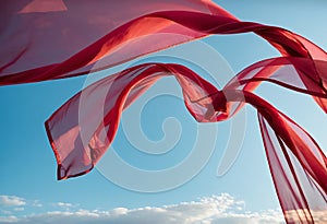 Flying transparent red fabric wave on blue sky background and illuminated by sunlight