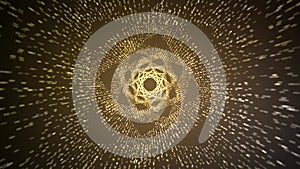 Flying through a Tunnel of yellow colored geometric shapes made of gold particles. Mandala made of squares