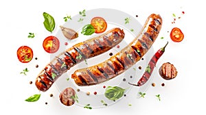Flying two big grilled sausages with herbs and spices isolated on white background