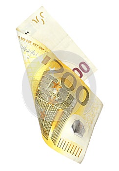 Flying two hundred Euro banknote isolated