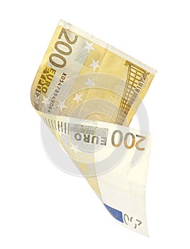 Flying two hundred Euro banknote isolated