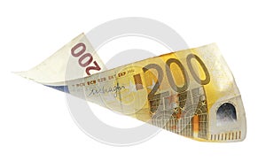 Flying two hundred Euro banknote isolated