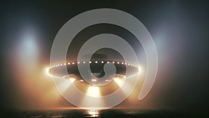 flying UFO saucer in foggy night over flat ground surface with wide orange beam of light, neural network generated art