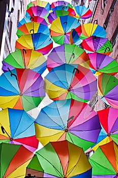 Flying umbrellas on the street in Istanbul. Turkey