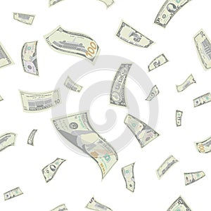 Flying US Dollars Seamless Pattern Vector. Cartoon Money Bills. Falling Finance Every Denomination In The Air Isolated