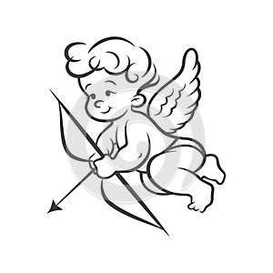 Flying Vector Cupid Boy Holding Bow, Aiming, Shooting Arrow, Hand Drawn with Outline in Retro, Vintage Comic Style. God