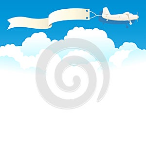 Flying vintage plane with banner and white clouds. Vector