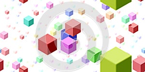 Flying violet green red 3D cubes background. Geometric education color surface. Fly cubes design colored pattern. Happy school