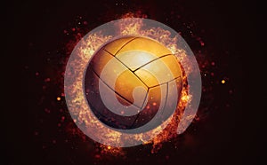 Flying volleyball ball in burning flames close up on dark brown background.