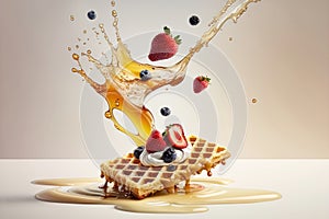 Flying waffles and butter getting dripped with maple syrup and berries over a pastel backgroun. AI generation