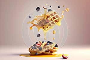 Flying waffles and butter getting dripped with maple syrup and berries over a pastel backgroun. AI generation