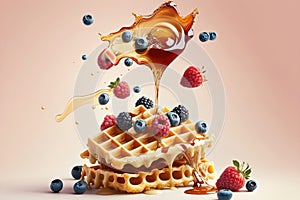 Flying waffles and butter getting dripped with maple syrup and berries over a pastel backgroun. AI generation