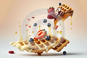 Flying waffles and butter getting dripped with maple syrup and berries over a pastel backgroun. AI generation