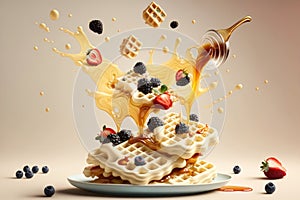Flying waffles and butter getting dripped with maple syrup and berries over a pastel backgroun. AI generation