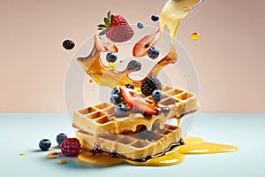 Flying waffles and butter getting dripped with maple syrup and berries over a pastel backgroun. AI generation