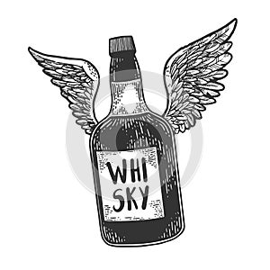 Flying whiskey bottle with wings sketch vector