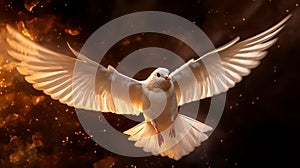 Flying white dove in fire background. Symbol of the Holy Spirit descent upon the Apostles and other followers of Jesus.