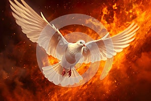 Flying white dove in fire background. Symbol of the Holy Spirit descent upon the Apostles and other followers of Jesus.