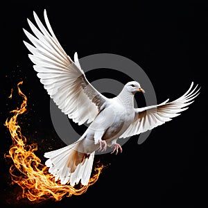 Flying white dove with fire effect on dark background. Symbol of peace