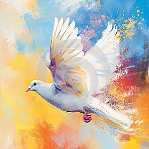 Flying white dove of peace in a painted style.