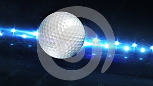 Flying White Golf Ball And Shiny Spotlights Behind.
