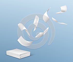 Flying white paper sheets from stack of documents