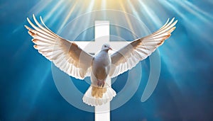 Flying white pigeon in front of a white cross. Symbol of the Holy Spirit