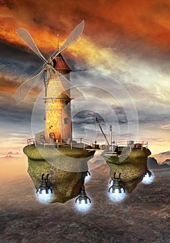 Flying windmill fantasy science fiction seampunk