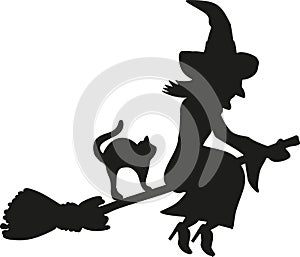 Flying witch on a broom with cat