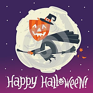 A flying witch on a broomstick on a background of the moon. Happy Halloween postcard, poster, background or party invitation